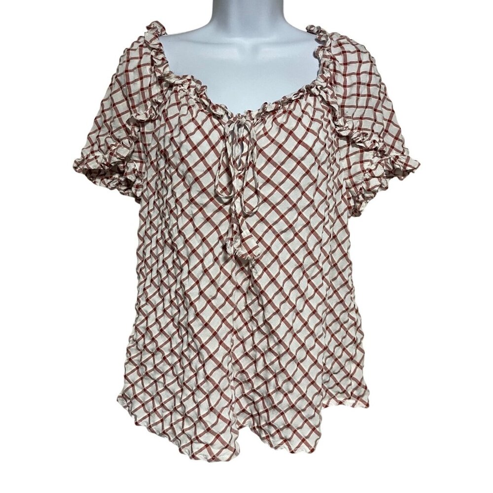 Max Studio Red White Ruffled Gingham Peasant Frill Blouse Womens Large